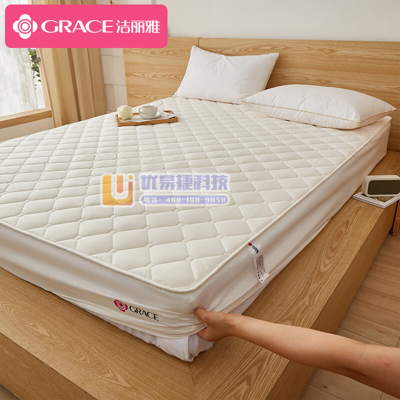 洁丽雅（Grace）加厚夹棉可水洗磨毛床笠全包裹床罩防尘...